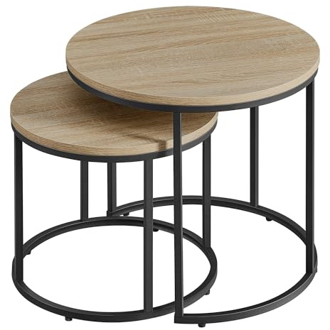 NMK HOME Couchtisch 53/43 cm, 2er Set rund in Sonoma-Eichenoptik, Schwarze Metallbeine, platzsparend ineinander stellbar, Satztische im Industrial Design für Wohnzimmer