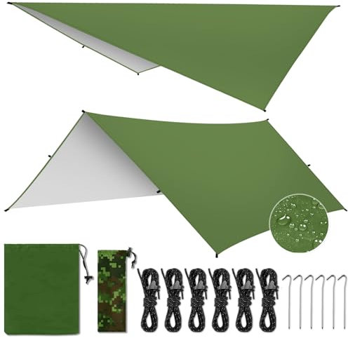 Toldo de Refugio Impermeable 3X3M,Ultraligero y Portátil Toldo Camping, Tienda de Campaña Hamaca Protección UV Anti Desgarro, Ideal para Acampar Senderismo Picnic al Aire Libre, Verde