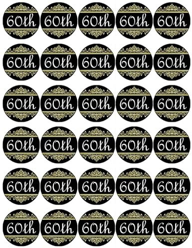 60th Birthday Black And Gold Pre Cut Cupcake Toppers Premium Edible Wafer Paper Fairy Cake Toppers Birthday Celebration Cakes Decorations Party NO CUTTING REQUIRED