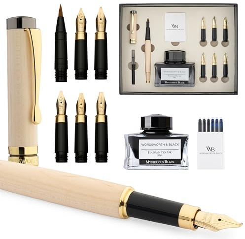 Wordsworth & Black Luxury Bamboo Maple Calligraphy Pen Set, 6 Nibs | Fountain Ink Bottle, Cartridges , Refill Converter, Gift for Men , Women, Smooth Writing, Journaling , Lettering
