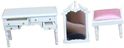 Abaodam 1satz Maßstab Weißer Schminktisch Mit Spiegel Und Passendem Hocker Für Puppenhaus-Dekoration Und Sammlerstücke Für Schlafzimmer-szenen Und Miniatur-enthusiasten