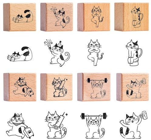 Pilikoll 8 Stück Katze Holzstempel Knetmassen Set Tiere Holzstempel zum Basteln DIY Holz Gummistempel Katze Dekorative Holzstempel für Scrapbooking, Bullet Journals, Kartenherstellung, Kunsthandwerk
