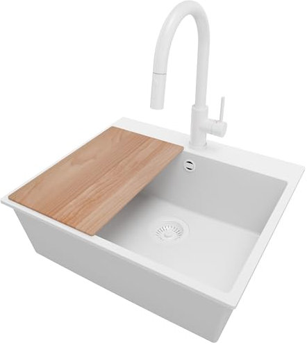 PRIMAGRAN Lavandino da Cucina Tutto Bianco 58x50cm, Lavello in Granito a 1 vasca + Rubinetto 40x20cm + Set di accessori, Lavabo Incasso al mobile 60cm - Riga S205