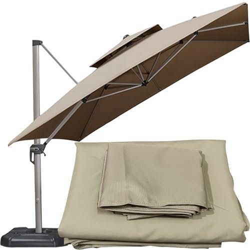 Toile Tonnelle 3x3M Auvent de Rechange pour Déporté Parasol de Terrasse, Auvent de Remplacement pour Parasol de 8 Baleines,Carré Toile de Rechange (Khaki)