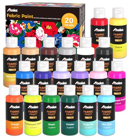 ABEIER 20 Colori in Bottiglie(60 ml/2 oz), Vernice Permanenti per Tessuti, Vernice Atossiche per Progetti DIY per Adulti, per Magliette, Jeans, Borse e Scarpe