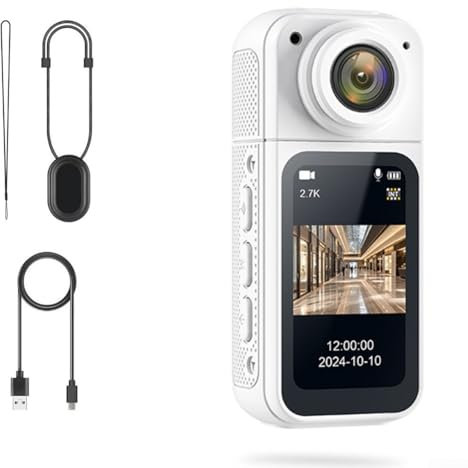 Bulevisiter Mini-Action-Kamera mit 3,7 cm (1,47 Zoll) LCD-Display, 2,7 K Videoaufnahme, magnetische Halterung, Körperkamera für Reisen, Vlogging, 180-Grad-Weitwinkel (weiß)