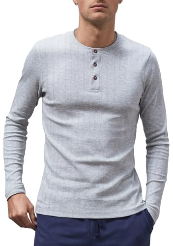 Enorsia Men's Button Detail Half Placket Long Sleeve T-Shirt Slim Fit Cotton Texture Rib Classic Crew Neck Comfortable for Casual Wear Perfect for Layering & Everyday Comfort Long Sleeve T Shirt