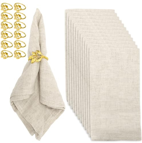 Stoffservietten, Weihnachten Leinenservietten, 24er Pack Set (12 Stück Baumwoll Servietten + 12 Stück Serviettenringe) für täglichen Gebrauch/Küche/Zuhause/Party/Hochzeiten 40x40cm