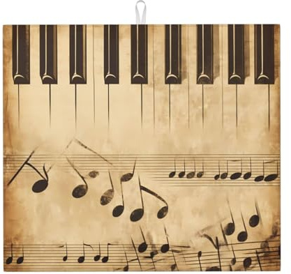 Vintage Music Note Dish Drying Mat Absorbent Draining Board Pad for Kitchen Counter Piano Keyboard Coffee Mat Dishes Drainer Protector with Hanging Loop 16 x 18 Inch