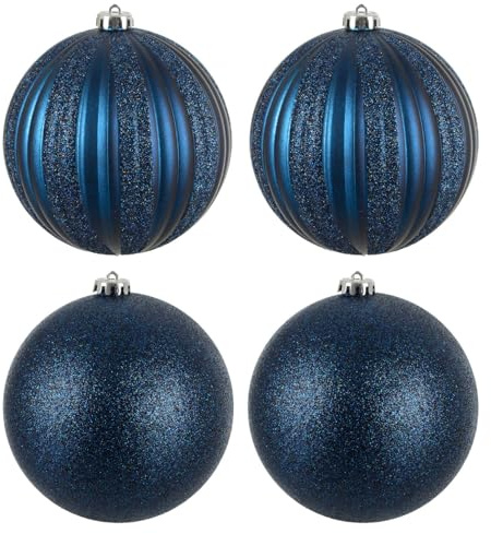 Mr Crimbo XL Christmas Baubles Set of 4 – 15cm Shatterproof Ornaments with Ribbed Matt & Glitter Finish, Hanging Strings Included – For Large Trees & Festive Displays - Navy