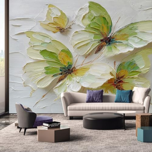 Generique Papier Peint Papillon Panoramique Murale, Intissé Papier Peint 3D Vert Salon Chambre Cuisine, Papillon Decoratif Mural 315 x 215 cm