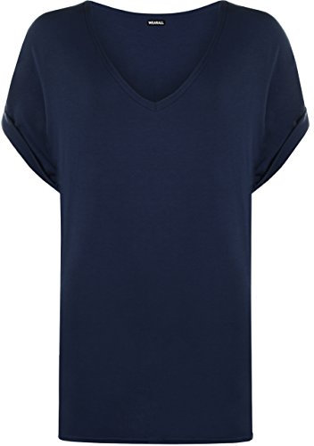 WearAll Women's New Plus Size Womens Short Turn Up Sleeve Baggy Plain Top Ladies V-Neck T-Shirt - Navy Blue - 16-18