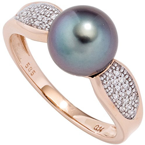 Jobo Damen-Ring aus 14 Karat 585 Rosegold mit Tahiti-Zuchtperle und 34 Diamanten Größe 54