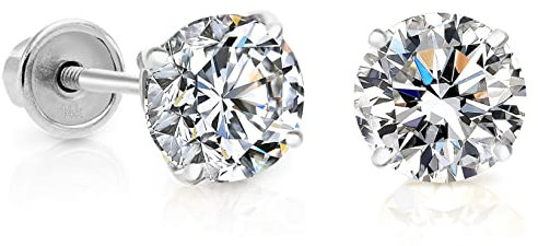 Boucles d'oreilles à tige en or blanc 14 carats avec solitaire en oxyde de zirconium et fermoir à vis sécurisé, Pierre en or blanc et oxyde de zirconium, Zircone cubique