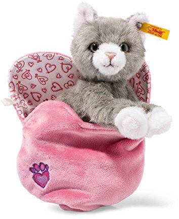 Steiff 99311 Cindy Katze im Herzbeutel, Plüschtier, grau-gestromelt, 14 cm