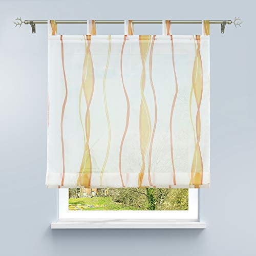 HongYa Raffrollo mit Wellen Druck Transparenter Voile Raffgardine Vorhang mit Schlaufen H/B 140/140 cm Creme Terra