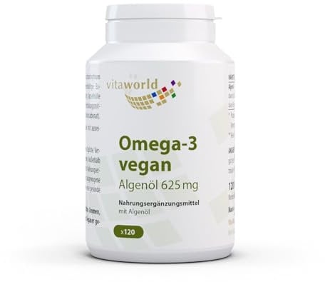 vitaworld Omega-3 vegan Algenöl 625 mg, Gewonnen aus der Mikroalge Schizochytrium sp., 625 mg Algenöl pro Kapsel, 250 mg DHA pro Kapsel, 120 Kapseln