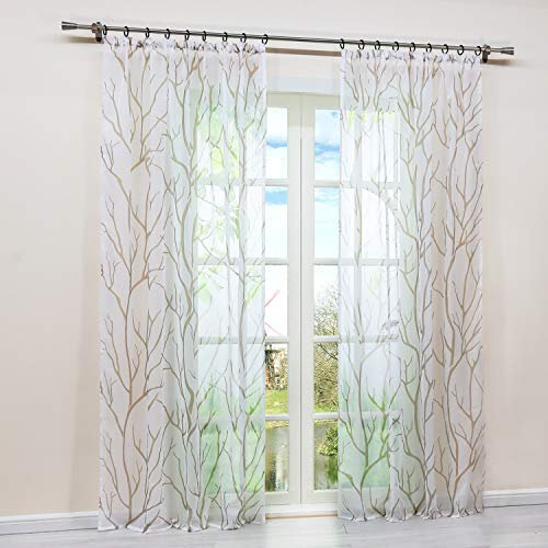 HongYa 1 Stück Transparente Gardine Schal mit Kräuselband Voile Vorhang Fensterschal Äste Muster H/B 175/140 cm Weiß Sand