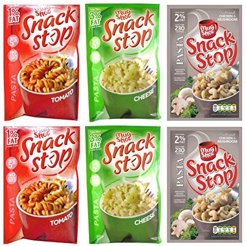 Mug Shot Snack Stop 6 Pack Bundle. 3 Flavours. 2 of Each: Chicken & Mushroom Pasta, Cheese Pasta; Tomato Pasta 5 Minute Instant Mug Meal