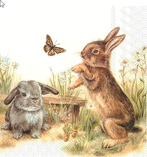20 Servietten Spielende Hasen im Gras als Tischdeko zu Ostern 33x33cm
