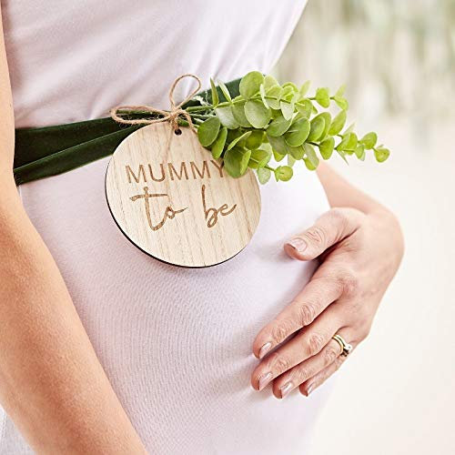 Miss Lovely Bauchband aus Samt & Holz Mummy to BE Botanical Eukalyptus Blätter Deko Baby-Party Dekoration Accessoire Zubehör Geburt Taufe Baby-Shower Junge & Mädchen