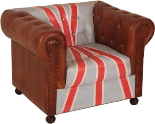 Casa Padrino Chesterfield Luxus Echt Leder Sessel Union Jack/Braun 1 Sitzer Vintage Leder Englische Flagge England Möbel