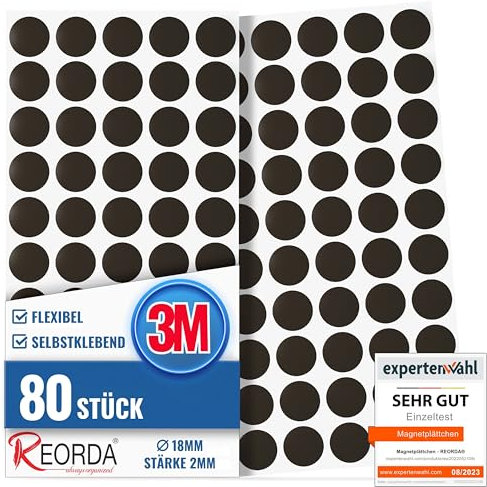 Reorda® Magnetplättchen selbstklebend (80 Kreise) | Starker 3M-Kleber ermöglicht ausgezeichnete Klebekraft | Vielseitige Flache Magnete zum basteln & schneiden | Ideal nutzbar für Schule & Büro