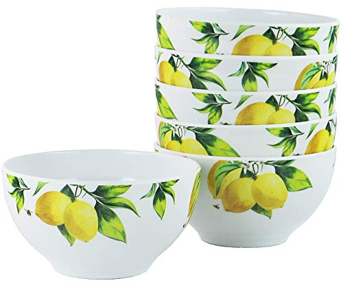 Reston Lloyd Fresh Lemons, 6pc Melamine Cereal/Soup Bowl Set, White, Lemon, Green, 2 Cups