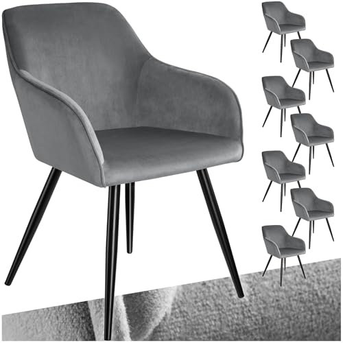 tectake® 8er Set Esszimmer Stuhl, Esszimmerstühle mit Sitzfläche aus Samt, Armlehnstuhl, Sessel Wohnzimmer, gepolsterter Office Chair, Schminktisch Stuhl, gemütlicher Küchenstuhl - grau/schwarz