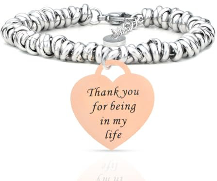 SAGA GIOIELLI® BRACCIALE NODINI INTRECCIATO DONNA FRASI PENSIERI PAROLE EMOZIONALE INCISIONE CUORE (Thank you for being in my life)