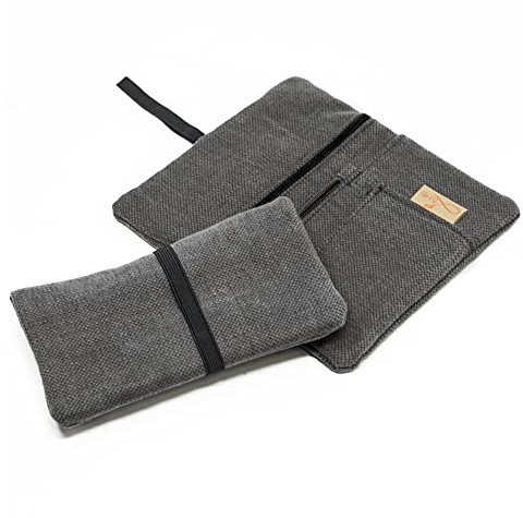 Porta Tabacco Idrorepellente Cucito a Mano Donna e Uomo - Portatabacco Tessuto Grigio Scuro con Cerniera Extra per Filtrini