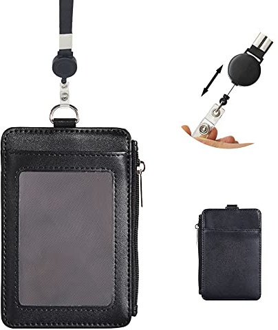 SwirlColor Porte Badge Retractable Titulaires de Laissez-Passer de Bus en Cuir Artificiel Porte-Carte de Crédit à Trois Poches Portefeuille à Fermeture à Glissière Frauen Männer (Noir)