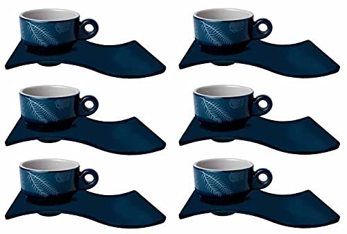 Lot de 6 tasses à expresso avec soucoupes en mélamine, bleu marine/blanc