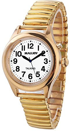 MAUJOY Montre Parlante pour Dames. Accent Français Clair Et Fort. Bracelet Extensible en Acier Inoxydable Doré, Adapté Aux Personnes Aveugles, Malvoyantes Ou âgées.