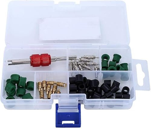 Kit de noyau de valve A/C 71 pièces Kit de réparation de climatisation outil de réparation + noyaux de valve 10 pièces + joints de tuyau 50 pièces + vannes 10 pc