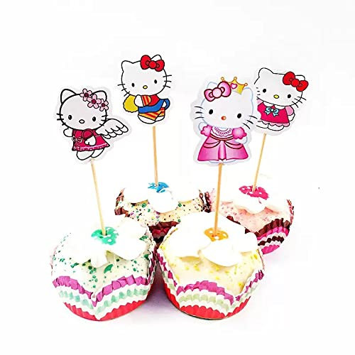 Meet-shop Cake Toppers,Hello Kitty Tasse Kuchen Toppers Zahnstocher Flaggen 24 Stück Kuchen Cupcake Topper für Kinder Baby Party Geburtstag Party Kuchen Dekoration