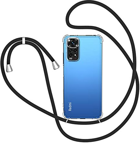 XTCASE Collier pour Xiaomi Redmi Note 11 / Note 11s 4G Coque, Etui avec Cordon - Tour de Cou Lanière en Corde - Transparente Silicone Housse avec Cordage Lanyard Case, Noir