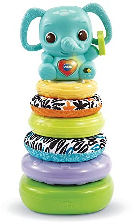 VTech - Nino, Éléphanteau Empilo 3 en 1, Pyramide Bébé Fabriquée avec des Matériaux Plus Durables, Hochet Musical Éléphant, Jouet d'Éveil, Cadeau Bébé Garçon et Fille Dès 6 Mois - Contenu en Français