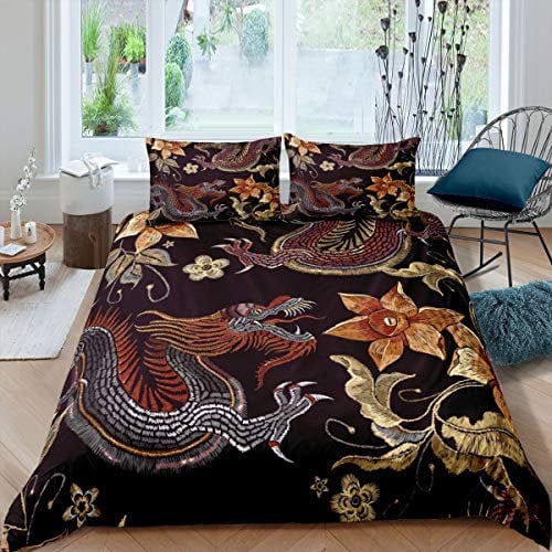Homemissing Style Chinois Housse de Couette Dragon Fleur Motif Parure de Lit 220x240cm pour Enfants Vintage Floral Imprimé Ensembles de Housse de Couette Luxe Chambre Collection 3 pièces