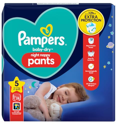 Pampers Baby-Dry Night Nappy Pants Size 5, 28 Night Nappies, 12kg-17kg, Essential Pack