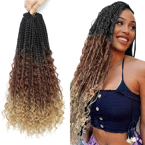 Boho Box Braids Crochet Hair with Curly Hair Pre Loop Long Black Messy Goddess Box Braids Extensions de cheveux pour femmes noires (45.72 cm (Lot de 8), 1B/30/27#)