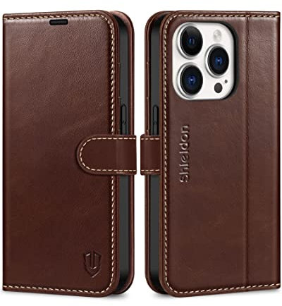 SHIELDON Case for iPhone 14 Pro 6.1, Genuine Leather Flip Wallet Magnetic Protection Cover, Viewing Stand, RFID Blocking, Card Holder, Shockproof TPU Case Compatible with iPhone 14 Pro - Retro Coffee