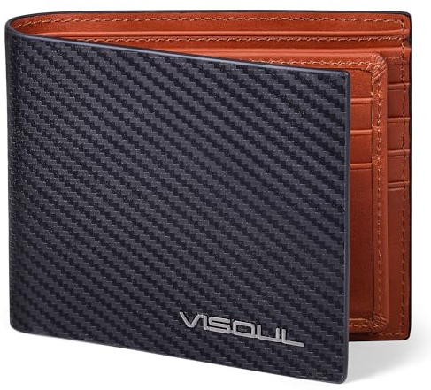 VISOUL Hombre de Fibra de Carbono de Cuero Billeteras Bifold con Bloqueo RFID, Cuero Genuino Cartera con 1 Ventana de ID, 2 Bolsillos para Billetes y 14 Ranuras para Tarjetas(Carbón+Rojo Marrón)