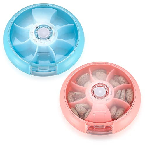 Tomoyuki 2 Pcs 7 Day Pill Dispenser,Round Compact Tablet Box,Pill Box Organiser 7 Compartment,Travel Weekly Portable Automatic Rotary Pill Cases Tray Medicine Box Holder Tablets Vitamins Medication