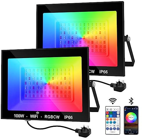 NATPOW LED Floodlight Outdoor 100W, Flood Lights Colour Changing with Remote&APP Control, Timed Stage Lights DIY Mode, IP66 Waterproof Garden Lighting, Wall Light for Party Halloween(2Packs)