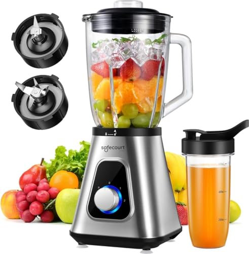 Safecourt Standmixer – Kraftvoller Smoothie Maker, Blender & Mixer [1200W & 1,5L Glasbehälter] – für Smoothies, Shakes, Suppen, Dips und mehr [inkl. 600ML BPA-freier To-Go Becher]