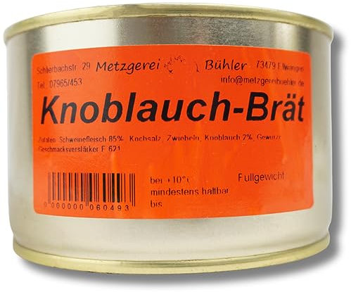 Knoblauch Bratwurst Dosenwurst 200g-400g Knoblauch Brät Wurstkonserve Herzhafte Wurst in der Dose 1 Jahr MHD aus 85% Deutschem Schweinefleisch Landmetzgerei Bühler (120g)