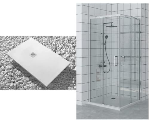 Piatto Doccia 100X120 cm Extra Slim Bianco + Box doccia 100x120 cm Alto 200 cm Con Apertura Ad Angolo