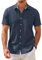 COOFANDY Mens Short Sleeved Shirts Oxford Casual Shirt for Men Summer Shirts Dress Chambray Shirt Work with Plaid Collar Navy Blue XL
