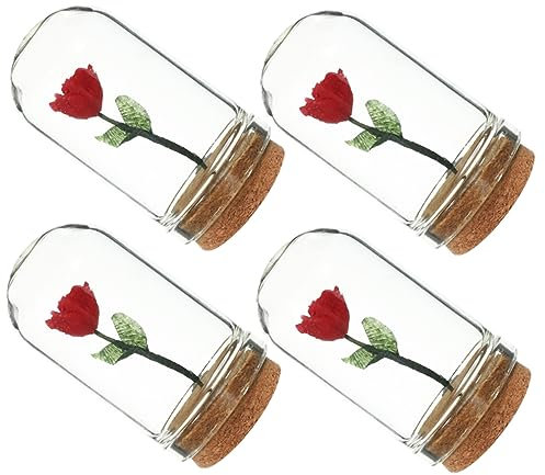 4 Pièces Fausses Mini-Bottes Un Verre Mini De Rose Éternelle en Verre avec Base Décorations Miniatures De Petites Choses Cadeau De Rose Plante Fleur Cloche Résine Central